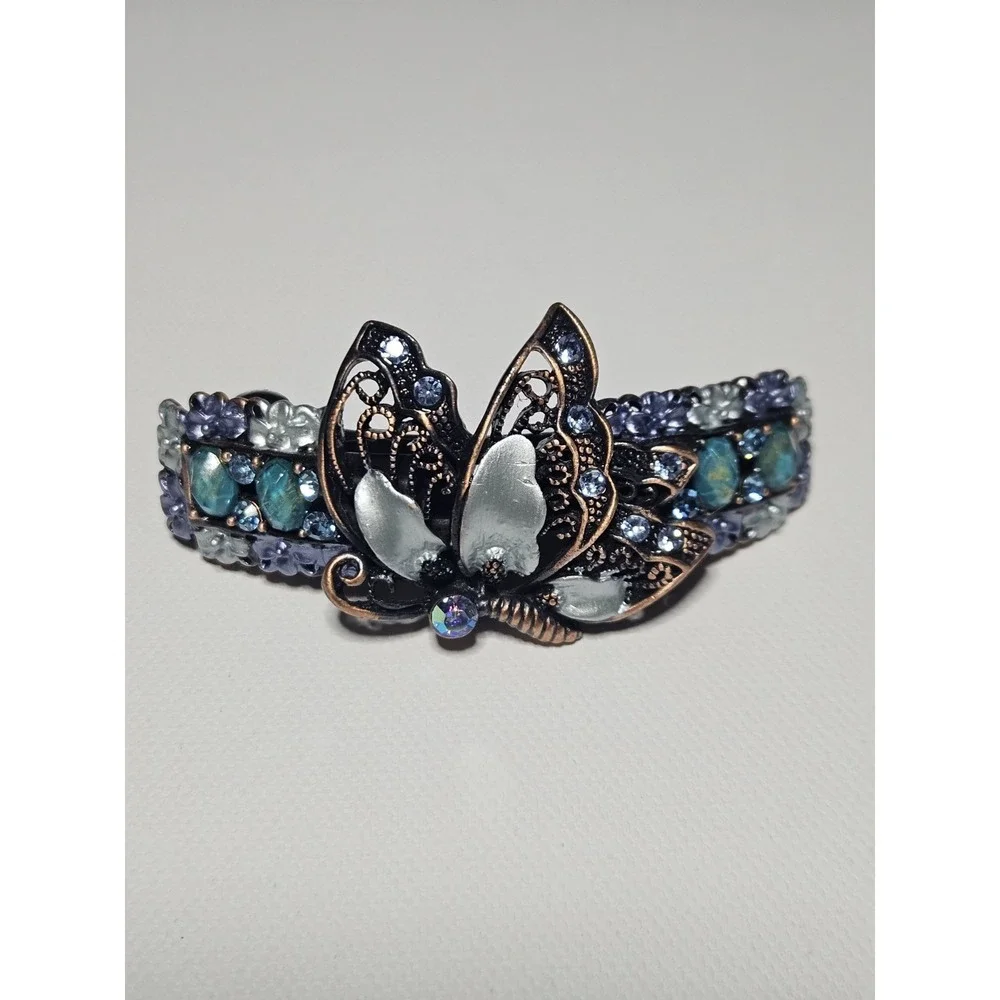 Blue Butterfly Hair Barrette Crystal Enamel Copper Floral Filigree Clip Women